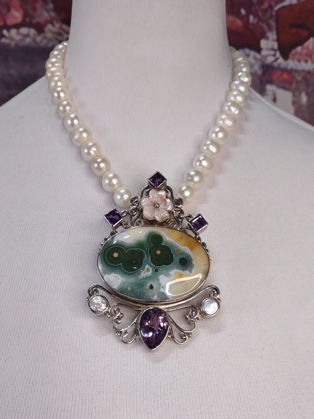 Pearl Necklace w/ Green Ocean Jasper and Amethyst Pendant